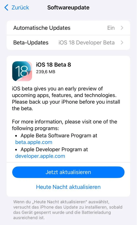 未央苹果手机维修分享苹果 iOS / iPadOS 18 开发者预览版 Beta 8 发布 